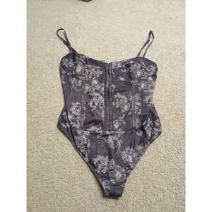 Free People Floral Gray Corset Sheer Mesh  Bodysuit Thong Size XL NEW